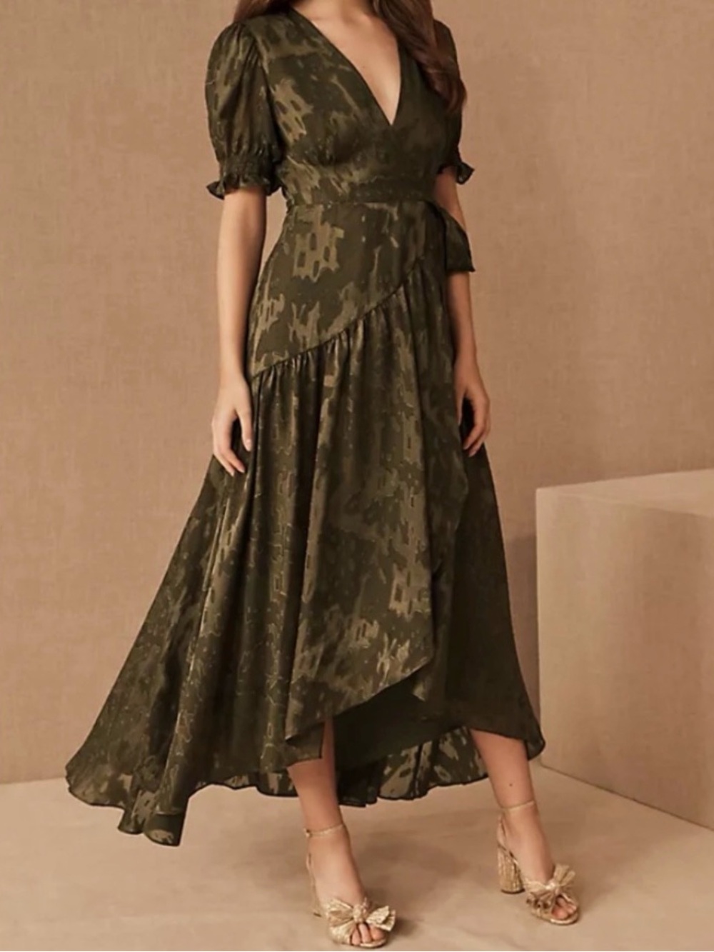 Hutch x Anthropologie Olive-Print V-Neck High-Low Puff Sleeve Dress